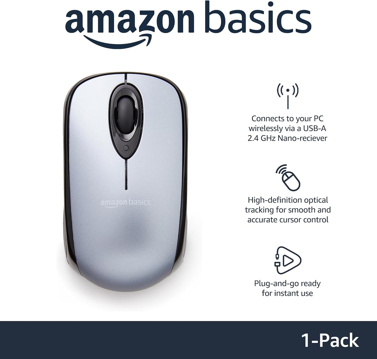 Amazon Basics Wireless Optical Mouse, Silver thumbnail 4